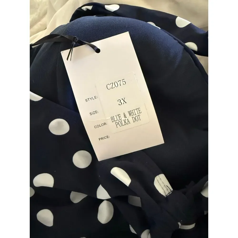 Unique Vintage Navy White Polka Dot Pin Up Bikini Top 3X NWT